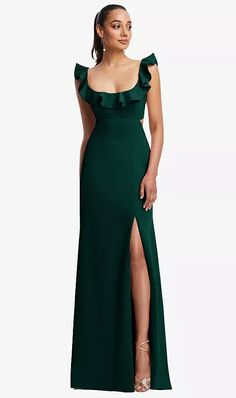 Ruffle-trimmed Neckline Cutout Tie-back Trumpet Bridesmaid Dress In Evergreen | The Dessy Group Green Dress Formal, Hunter Green Bridesmaid Dress, Forest Green Bridesmaid Dresses, Romantic Essence, Black Tie Wedding Guest Dress, Emerald Green Bridesmaid Dresses, Green Chiffon Dress, Dark Green Bridesmaid Dress, Emerald Bridesmaid Dresses