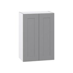 a gray and white cabinet with two doors