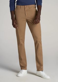 American Tall Tapered Chinos. These men's tall pants are made for guys between 6'3” and 7'1” who are looking for a polished, casual look. Tapered Chinos, Best Pants, Tall Boys, Tall Men, Tall Pants, Just Style, Chino Jeans, Fitted Tee, Brown Pants