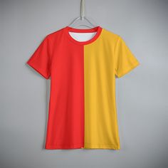 Kids will love the split colors on this soft, comfortable, short sleeve T-Shirt. Shirt features half red and yellow design.  Made of high quality jersey fabric that is (95% polyester and 5% spandex). Please use size chart to determine your size. Short Sleeve Sports T-shirt With Contrast Color, Sporty Multicolor Color Block T-shirt, Color Block T-shirt For Sports In Summer, Color Block T-shirt For Summer Sports, Yellow Short Sleeve Top With Sublimation Print, Sporty Multicolor Short Sleeve T-shirt, Red Color Block T-shirt For Summer, Sporty Red T-shirt With Sublimation Print, Red Color Block Short Sleeve T-shirt