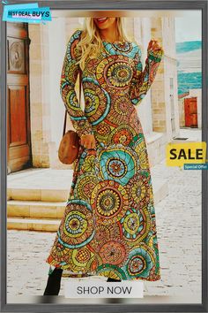 Ethnic Printed Long Sleeve Crew Neck Casual Dress Bohemian Long Sleeve Maxi Dress With Abstract Print, Multicolor Bohemian Dress With Geometric Pattern, Bohemian Multicolor Geometric Pattern Dress, Multicolor Print Long Sleeve Dress For Festival, Multicolor Printed Maxi Dress For Fall, Long Sleeve Multicolor Print Dresses For Festival, Bohemian Multicolor Maxi Dress With Colorful Pattern, Multicolor Long Sleeve Hippie Dress, Hippie Long Sleeve Multicolor Dresses