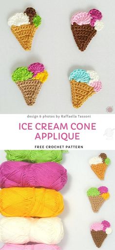 crochet ice cream cone applique is shown in different colors and sizes