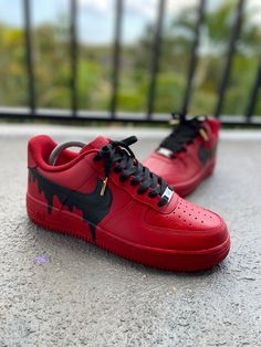 Custom Red Drip Air Force 1s. This price includes purchasing the sneakers. All Adult sizes are for both Men and Women. All prices are USD. Color Shade of shoe may vary on screen versus in person and under different lighting. A sole protector will be added to this design. All shoes are Made to Order and turnaround for completion is 4-6 weeks per shoe. Casual Red Custom Sneakers With Waterproof Paint, Urban Red Custom Sneakers For Streetwear, Red Urban Custom Sneakers For Streetwear, Urban Red Custom Sneakers With Red Sole, Urban Custom Red Sneakers With Red Sole, Custom Waterproof Lace-up Sneakers For Streetwear, Waterproof Custom Lace-up Sneakers For Streetwear, Custom Lace-up Sneakers With Waterproof Paint For Streetwear, Red Waterproof Paint Custom Low-top Sneakers