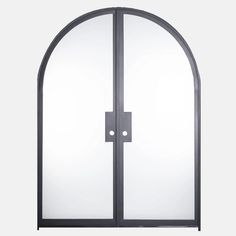 an arched glass door with metal handles on the outside and side panels in dark grey