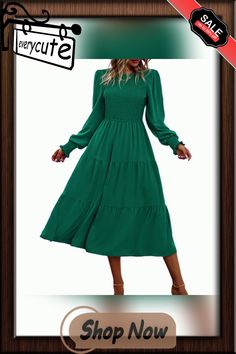 Green Crew Neck Smocked Swing Midi Dress Solid Smocked Long Sleeve Dress, Solid Long Sleeve Smocked Dress, Long Sleeve Solid Color Smocked Dress, Solid Color Long Sleeve Smocked Dress With Smocked Cuffs, Long Sleeve Smocked Dress With Smocked Cuffs, Green Casual Smocked Dress For Fall, Solid Long Sleeve Smocked Dress With Ruched Detail, Long Sleeve Smocked Dress With Ruched Detail, Green Smocked Long Sleeve Dress For Fall