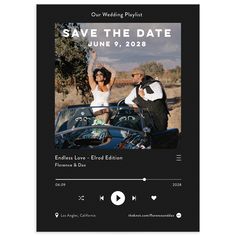 a wedding photo save the date card with an image of a couple in front of a car