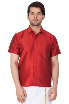 Vastramay brings to you this Stylish yet Comfortable Men Maroon Ethnic South Indian Shirt. Adorn it for a perfect Classy and Trendy look. These Shirts are usually very popular in Souther part of the Sub Continent. These are also called Madras Shirt. It is worn along with a trouser or a jeans. However, traditionally it is paired with a mundu or a white dhoti. The set is also called as Shirt Vesty. Product Features :   Top Color: Maroon Top Fabric: Cotton Art Silk Product Type: Ethnic South Indian Short Sleeve Kurta For Eid Festive Occasion, Short Sleeve Tops For Eid Festivities, Festive Short Sleeve Tops For Eid, Traditional Festive Short Sleeve Shirt, Traditional Short Sleeve Festive Shirt, Traditional Short Sleeve Tops For Eid, Festive Cotton Short Sleeve Shirt, Festive Short Sleeve Cotton Shirt, Festive Kurta For Navratri With Short Sleeves