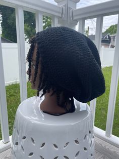 💜A crochet slouchy hat handmade by me 💜 ❗️Before placing an order❗️: Crochet Hat Style: Slouchy Beanie, Loc Sock, Slouchy hat with an adjustable drawstring in the back.  Sizes: One-size fits the average teen or adult head size of 20" to 23" (50.5 cm to 58 cm). The Length is a Medium (10.5"-11.5"). Each crochet slouchy beanie comes with an adjustable drawstring in the back, allowing for a tighter fit if needed. The opening of the hat is around 26.5 inches, but it is adjustable. Fiber Content: 1 Crochet Loc Sock, Black Acrylic Yarn Beanie, Black Acrylic Yarn Beanie Cap, Casual Slouchy Crochet Cap, One Size Black Acrylic Yarn Beanie, Black Knitted Beanie In Acrylic Yarn, Black Acrylic Yarn Beanie One Size, Casual Slouchy Crochet Hat, Casual Slouchy Crochet Hat One Size