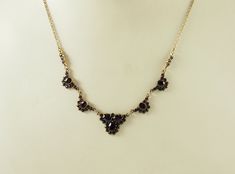 A charming antique Edwardian period Bohemian garnet and "norm gold" necklace. The central cluster with a trefoil representing an Irish Shamrock and comprising of three large oval garnets, each 6mm x 4mm, in prong settings, and surrounded by 14 garnets, each 2mm in diameter. Flanked to each side by 2 semi-circular clusters with a larger oval garnet, 5mm x 3.5mm, in a mille grain setting and surrounded to the underside by 9 circular garnets, each 2mm in diameter. With a row of three circular garne Irish Shamrock, Garnet And Gold, Garnet Jewelry, January Birthstone, Gold Plated Necklace, Prong Setting, Austria, The Row, Garnet