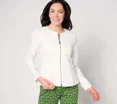 The sleekest, waist-nipping jacket you can put in your closet, this smart ponte knit number finishes office and out-of-office looks with effortless polish (and no bulk!). From Susan Graver. Versatile Stretch Outerwear For Work, Versatile Fitted Outerwear For Business Casual, Modern Stretch Outerwear For Work, Chic Stretch Outerwear For Office, Structured Notch Lapel Outerwear With Hidden Buttons, Sleeveless Vest Jacket, Floral Print Blazer, Sherpa Coat, Susan Graver