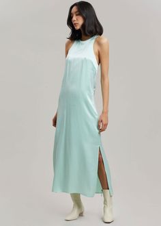 Loulou Studio Sula Silk Dress - Aqua Dress Loulou Studio Sleeveless Satin Dress With Side Slits, Sleeveless Silk Dress With Side Slits, Spring Silk Maxi Dress With Bias Cut, Sleek Spring Maxi Dress With Halter Neck, Silk Midi Dress With Side Slits, Sleeveless Silk Slip Dress With Side Slits, Sleek Sleeveless Bias-cut Silk Dress, Sleek Sleeveless Silk Dress In Bias Cut, Sleek Sleeveless Silk Dress With Bias Cut