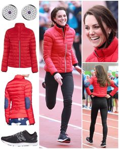 a woman in red jacket and black leggings on a track with other pictures