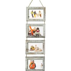 three frames hanging on a rope with pictures in them and two children's toys