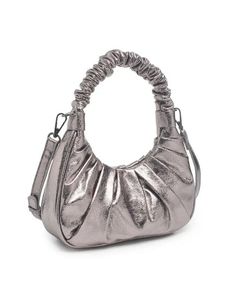 Time to shine... Product Details: Color: Pewter Cracked metallic all-over Ruched detailing Featuring gunmetal hardware Handle Drop: 6" Additional Shoulder Strap Drop: 23" Snap closure Inside Features: fabric lined, open compartment Detachable, adjustable strap Can be styled over the shoulder or as a crossbody bag, too! Dimensions: 8.75" L x 2.5" W x 4.25" H Metallic Handbags, Birthday Fits, Cute Birthday Outfits, Gunmetal Hardware, Faux Leather Purse, Handbag For Women, Gray Silk, Birthday Outfit, Rebecca Minkoff Hobo