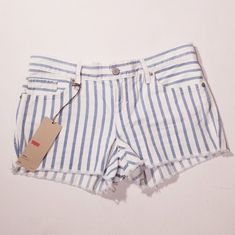 Cute Classic Levi's Pinstriped Shorts Frayed Edges Nwt White Bottoms With Vertical Stripes For Summer, White Vertical Stripes Shorts, White Vertical Striped Bottoms For Summer, White Vertical Striped Shorts, Relaxed Fit Striped Shorts For Spring, White Bottoms With Vertical Stripes And Short Length, Spring Striped Relaxed Fit Shorts, White Short Length Bottoms With Vertical Stripes, Striped Jean Shorts For Summer