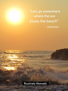 the sun is setting over the ocean with waves crashing in front of it and an image of