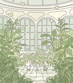 an illustration of a room with plants and two cats sitting at a table in front of the window