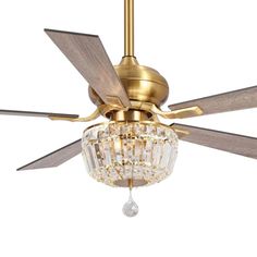 a ceiling fan with a crystal chandelier hanging from it's center blade