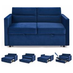 the blue couch is next to several pieces of furniture