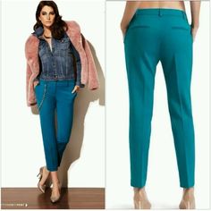 As Seen In Lucky Magazine Monochromatic Matching Is A Top Trend This Season. In This Bright Turquoise-Hued Pant You’ll Master It With True Finesse. Accent Your Singular Color Palette With Luxe Leather And Gold-Tone Accessories. Regular Rise. Regular Fit. Ankle-Length Pant. Two Front Slant Pockets. Two Back Welt Pockets. Single Pleat Zip Fly With Hidden Hook-And-Eye Closure 8 ¾” Front Rise 14 ½” Back Rise 12 ½” Leg Opening 27 ¼” Inseam 54% Polyester, 44% Wool, 2% Spandex Dry Clean Waist: 16.5” Ac Stretch Turquoise Bottoms For Spring, Casual Fitted Turquoise Pants, Fitted Turquoise Casual Pants, Fitted Turquoise Bottoms For Spring, Turquoise Fitted Bottoms For Spring, Womens Navy Blue Dress, White Leather Pants, Turquoise Pants, Navy Blue Dress Pants