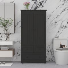 a white toilet sitting next to a tall black cabinet in a room with marble walls