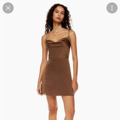 Fyi - The Dress Is Not The Silk Material In The Cover Shot, But Is The Same Style. Brand New Size Small Dress With Tags, Never Worn! Fits A Size 4-6 Brown Hoco Dress, Brown Homecoming Dresses, Brown Short Dress, Short Brown Dress, Tiny Dress, Brown Mini Dress, Criss Cross Dress, Aritzia Dress, Pleated Mini Dress