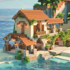 Mc Cute House, Simple House Design Minecraft, Minecraft House Simple Survival, Minecraft Houses Beach House, Country Minecraft House, Beach Cottage Minecraft, House On Hill Minecraft, Costal Minecraft House, European Minecraft House