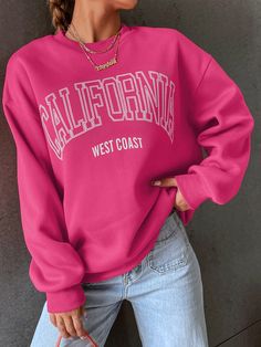 Letter Graphic Drop Shoulder Sweatshirt Pink Casual  Long Sleeve Fabric Letter Pullovers Slight Stretch Spring/Fall Women Clothing, size features are:Bust: ,Length: ,Sleeve Length: Pink Casual Sweater For College, Pink Long Sleeve Sweater For College, Casual Pink Sweater For College, Pink Long Sleeve College Sweater, College Sweater With Letter Print And Long Sleeves, Spring Long Sleeve Tops With Lettering, Casual Lettering Sweatshirt For Spring, Winter Long Sleeve Tops With Lettering, Pink College Sweater For Fall