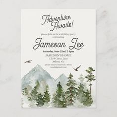 the adventure begins baby shower is shown with mountains and pine trees in watercolor on white paper