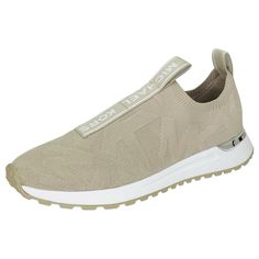 - Stretch Knit Fabric Upper - Fabric Lining - Rubber Soles - Padded Insoles - Slip-On Closure - Medium Width - 1-1/2" Heel Height - 3/4" Toe Height - Never Worn, New In Box Beige Low-top Textile Slip-on Sneakers, Beige Slip-on Sneakers With Branded Insole, Beige Slip-on Sneakers With Textured Sole, Comfortable Cream Slip-on Sneakers, Mk Sneakers, Platform Tennis Shoes, Michael Kors Shoes Sneakers, Michael Kors Sneakers, Espadrille Sneakers