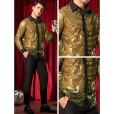 The see through sequin shirts add a touch of sparkle and cool, making your outfit stand out from the crowd. Pair the sparkle sequins shirts with black pants, jeans, or metallic jackets for a unique and eye-catching look. The sequins shirts are a great choice for nightclubs, parties, or other night events. Halloween Party Long Sleeve Tops, Long Sleeve Tops For Halloween Party, Fitted Disco Style Party Shirt, Fitted Disco Shirt For Party, Fitted Disco Party Shirt, Slim Fit Party Shirt For Fall, Winter Party Slim Fit Tops, Slim Fit Shirt For Summer Party, Fitted Disco Shirt For Party Season