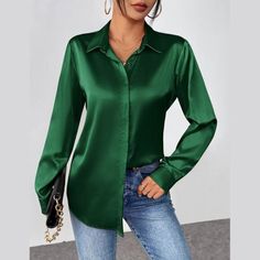 Satin Blouses For Women Is Made Of 95% Polyester And 5% Spandex, Breathable And Lightweight Button Down Shirts, Long Sleeve Shirts, Tops For Women, Fall Fashion Clothes, Casual Business Dressy Tops, Business Office Work Top, Loose Fit Blouses For Women Dressy Casual, Turn Down Collar Shirt, Work Blouses, Tops. You Could Wear The Shirts In All Seasons Full Button Up Shirt Is One Of The Most Classic And Versatile Items. The Button Down Shirts Go Well With Almost Any Bottoms. The Button Down Shirts Satin Button Up, Bodycon Dresses Casual, Casual Shirt Women, Bullet Points, Satin Shirt, Summer Fabrics, Crop Top Blouse, Chic Woman, Outfit Casual