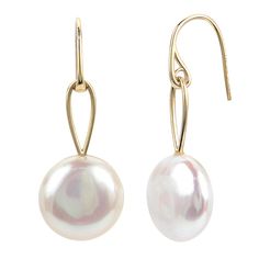 14K Gold 11-12mm Cultured Freshwater Coin Pearl Dangle Earrings A breezy twist on the classic round, the coin-shaped pearl gives this earring an ease that's great for everyday wear. The best part? 14K gold and a modern, yet understated design makes the dangle an elegant choice for special-occasion styling, too.                   Each approx. 3/4"L x 1/2"W     Stamped 14K yellow gold; polished finish      Pierced with fish hook wire backs   Stone Information       All sizes and weights approximate     Cultured Freshwater Pearl: Coin (11-12mm) Coin Pearl Earrings, Pearl Bracelet Gold, Pearl Dangle Earrings, Coin Pearls, Loop Earrings, Gold Coin, Sterling Silver Hoop Earrings, Pearl Earrings Dangle, Yellow Gold Earring