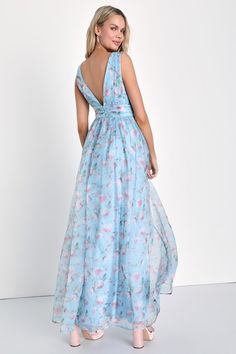 Lulus Blue Floral Dress, Pink And Blue Floral Dress, Light Blue Floral Bridesmaid Dresses, Blue Floral Bridesmaid Dresses, Blush Wedding Palette, Organza Maxi Dress, Mog Dresses, Floral Dress Wedding Guest, Wedding Guest Outfit Spring