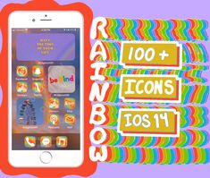 an iphone with the words 100 + icons to choose from on it next to a colorful background