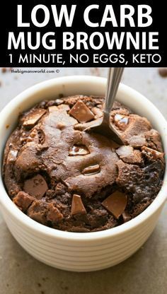 low carb mug brownie in a white bowl