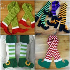 crocheted christmas stockings and leg warmers made to look like elf legs