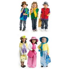 four children are dressed in colorful clothing and hats, one is holding a handbag