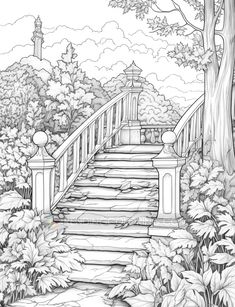 a black and white drawing of stairs leading up to a pagoda in the woods with trees