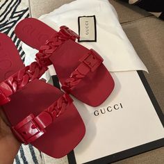 Comes With Original Box & Duster Bag Hermes Sandals, Pirate Jacket, Womens Slides Sandals, Shoes Gucci, Red Sandals, One Piece Pajamas, Womens Slides, Garment Bags, Gucci Shoes