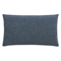 a blue and white pillow with diamond pattern on the front, it is made from linen