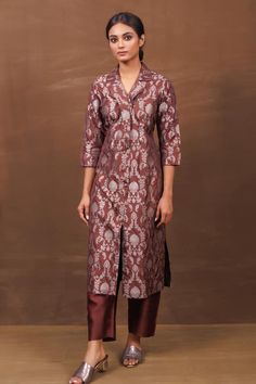 Brown straight coat with all over handwoven flower vine pattern. Paired with a pant. - Aza Fashions Elegant Kurta With Zari Work For Fall, Festive Straight Kurta With Set-in Sleeves, Traditional Workwear Sets For Fall, Traditional Cotton Silk Kurta With Set-in Sleeves, Traditional Designer Kurta With Set-in Sleeves, Elegant Fitted Traditional Wear With Floral Print, Fitted Elegant Floral Print Traditional Wear, Traditional Silk Kurta With Set-in Sleeves, Designer Straight Kurta For Fall