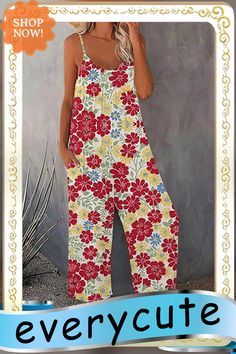 Women Retro Flower Printed Loose Wide Leg Playsuit Summer Sleeveless Casual Vest Romper Fashion Ladies Jumpsuit Streetwear Casual Sleeveless Floral Print Jumpsuits And Rompers, Sleeveless Multicolor Jumpsuits And Rompers With Pockets, Multicolor Sleeveless Jumpsuits And Rompers With Pockets, Summer Sleeveless Printed Jumpsuit, Multicolor Sleeveless Jumpsuit With Pockets, Sleeveless Floral Print Jumpsuits And Rompers For Beach, Sleeveless Multicolor Printed Jumpsuits And Rompers, Summer Floral Print Overall Jumpsuits And Rompers, Summer Floral Print Jumpsuits And Rompers