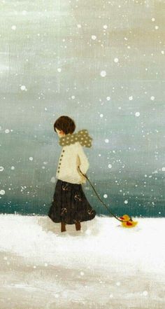 a painting of a woman walking in the snow with an umbrella and duckling toy