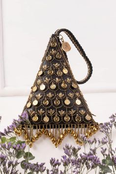 Black triangular potli style bag embroidered with sequins and charm embellishments. Comes with woven handle. - Aza Fashions Gold Potli Bag With Latkans For Reception, Festival Potli Bag With Latkans For Reception, Traditional Bags With Latkans For Reception, Festive Embellished Pouch Shoulder Bag, Traditional Embellished Pouch Bag, Festival Reception Potli Bag With Latkans, Festive Potli Bag With Latkans For Receptions, Luxury Triangle Evening Bag, Luxury Triangle Evening Bags