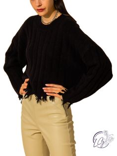 Snuggle up in this kind hearted rib-knit frayed hem sweater. It features a round neckline with full length sleeves that fray at the cuffs. The cozy sweater shapes a relaxed bodice that ends with frayed hemline which gives it a unique look. 75% Acrylic/22% Nylon/3% Spandex Fall Ribbed Crew Neck Cropped Sweater, Long Sleeve Sweater With Frayed Hem For Fall, Fall Long Sleeve Sweater With Frayed Hem, Casual Fall Sweater With Frayed Hem, Long Sleeve Sweater With Frayed Hem For Winter, Trendy Fall Sweater With Ribbed Neckline, Trendy Cropped Sweater With Ribbed Cuffs For Fall, Trendy Ribbed Crew Neck Sweater, Hem Sweater