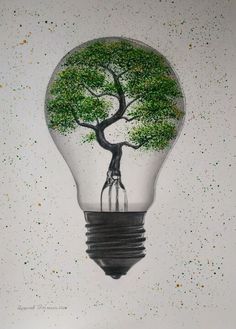 a painting of a light bulb with a tree inside it