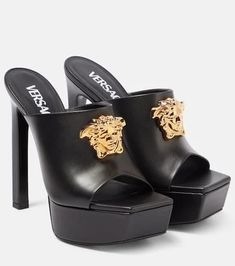 Versace Medusa leather platform mules Sandals | BeyondStyle Luxury Open Toe Clogs With Platform, Luxury Open Toe Platform Clogs, Formal Square Toe Platform Mules, Luxury Evening Mules With Platform, Luxury Evening Platform Mules, Luxury Platform Mules For Party, Leather Open Heel Platform Slippers For Party, Designer High Heel Platform Mules, Luxury Closed Toe Platform Mules