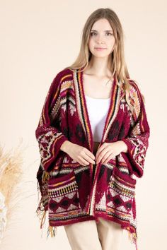 Multi tassel, poncho cardigan, open front, oversize cardigan, southwest, great to pair it with boots, soft and warm. One Size. 60% Polyester 40%Acrylic. One Size Fringe Sweater For Fall, Fringe Shawl Cardigan For Fall, Oversized Fringe Cardigan For Fall, One Size Fringe Cardigan For Fall, Oversized Bohemian Acrylic Cardigan, One Size Bohemian Sweater With Fringe, One Size Bohemian Fringe Sweater, Bohemian Winter Sweater With Tassels, Bohemian Winter Cardigan With Tassels