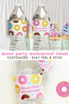 water bottle labels with donuts on them and cupcakes in the back ground